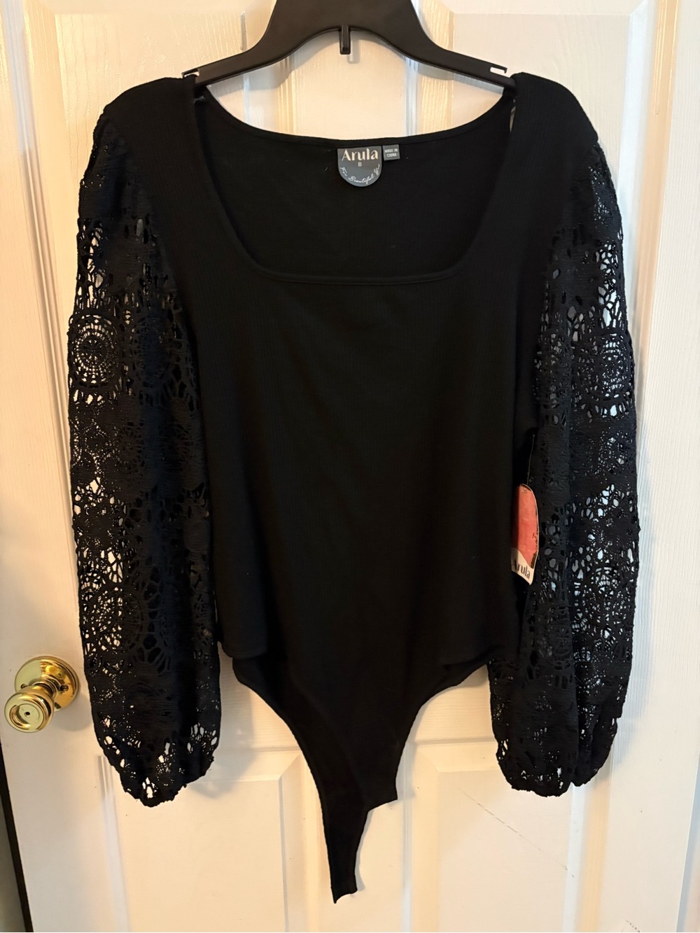 ARULA Black Ribbed Bodysuit with Crochet Lace Sleeves